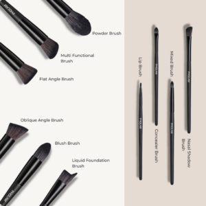 Set of makeup brushes with labels on a beige background