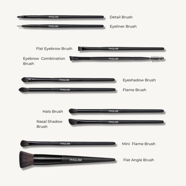 Set of PHGLAM makeup brushes with labels on a white background