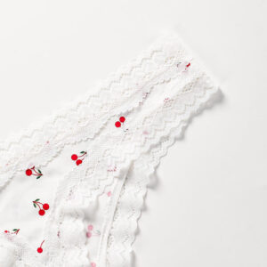 White lace trim with red berry patterns on a white background