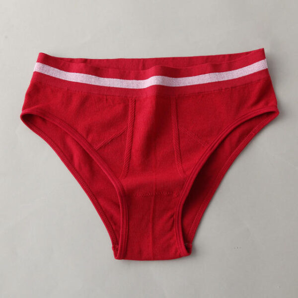 Red underwear with white waistband on a gray background