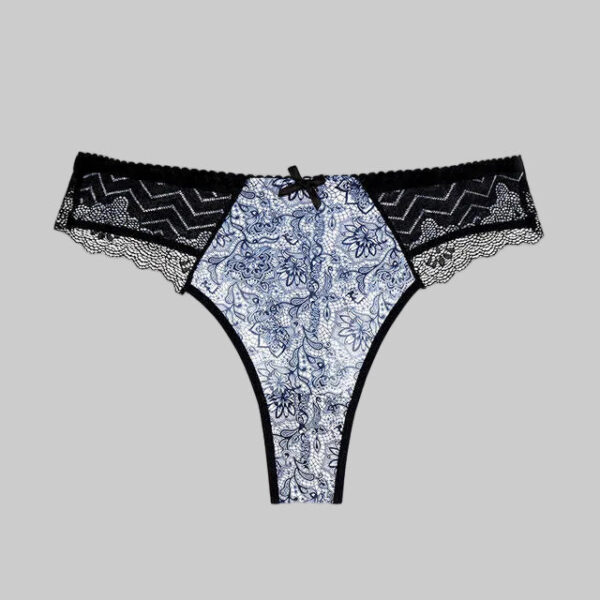 Patterned underwear with black lace trim on a white background