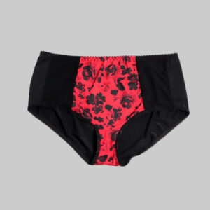 Black and red floral-patterned underwear on a white background