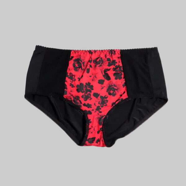 Black and red floral-patterned underwear on a white background
