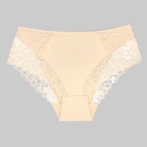 Beige lace-trimmed underwear on a white background