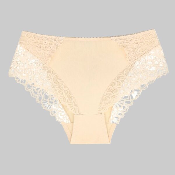 Beige lace-trimmed underwear on a white background