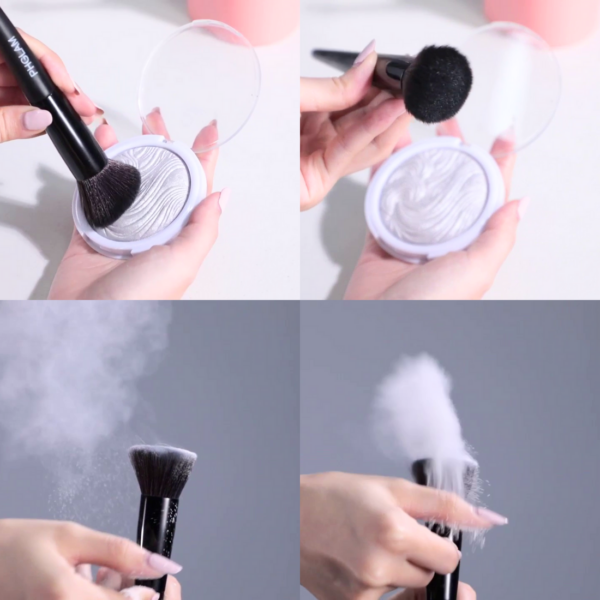 Collage of a makeup brush being used with a powder compact on a white background.
