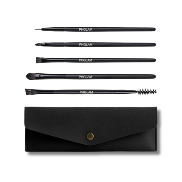 Set of black makeup brushes with a black case on a white background