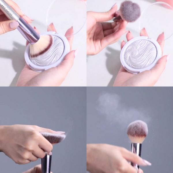 Collage of hands using a makeup brush with a container of white cream.